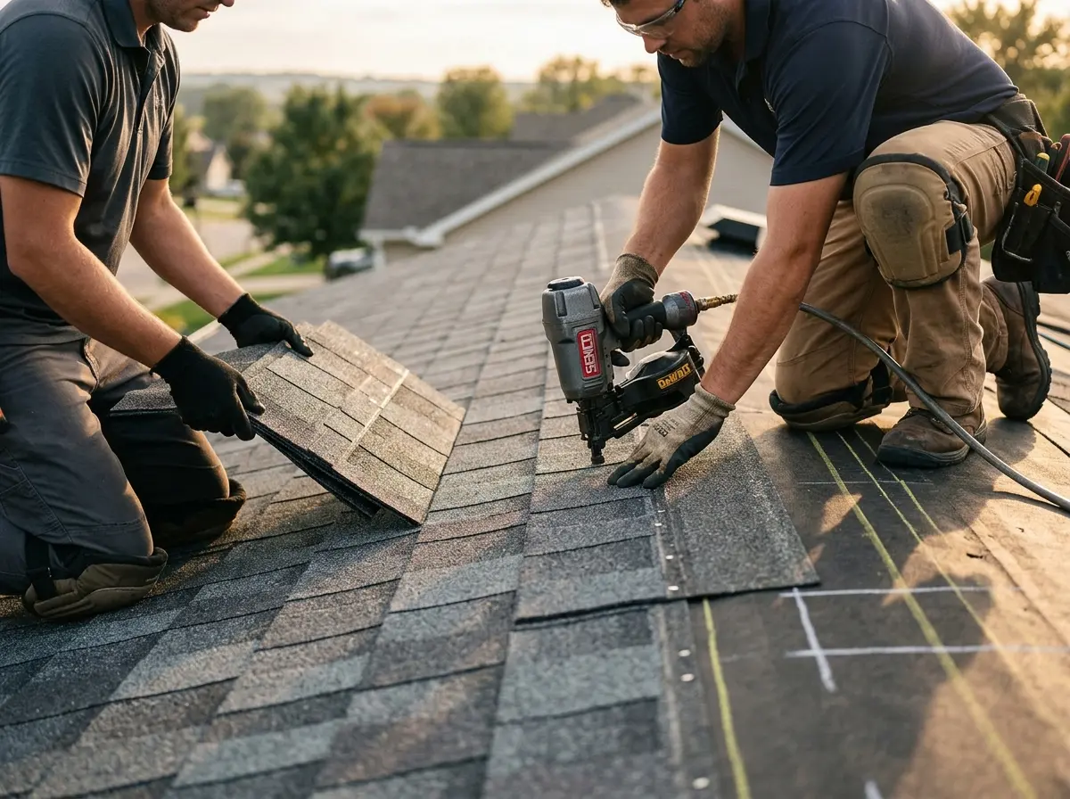 Professional roofer working on a residential roof in Blackfoot